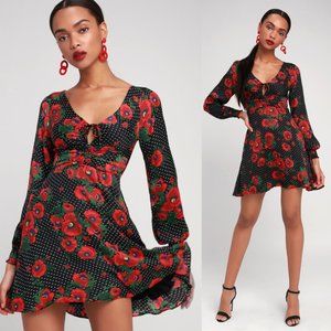 NWT Free People Morning Light Fit & Flare Mini Dress Floral Print Sz 4 Black/Red